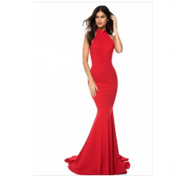Red Sherri Hill Halter Mermaid Gown Sz 4 - Picture 1 of 17